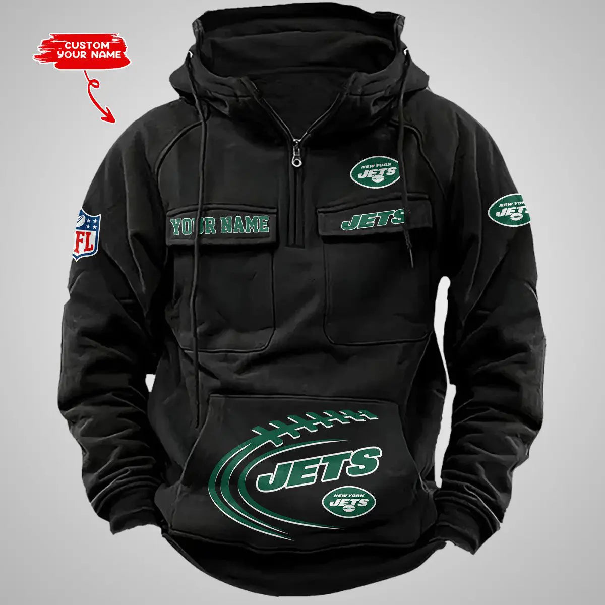 New York Jets New Personalized Multi-Pockets Zip Hoodie AZBTMZHD000074