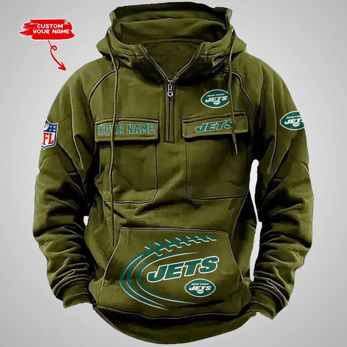 New York Jets New Personalized Multi-Pockets Zip Hoodie AZBTMZHD000074