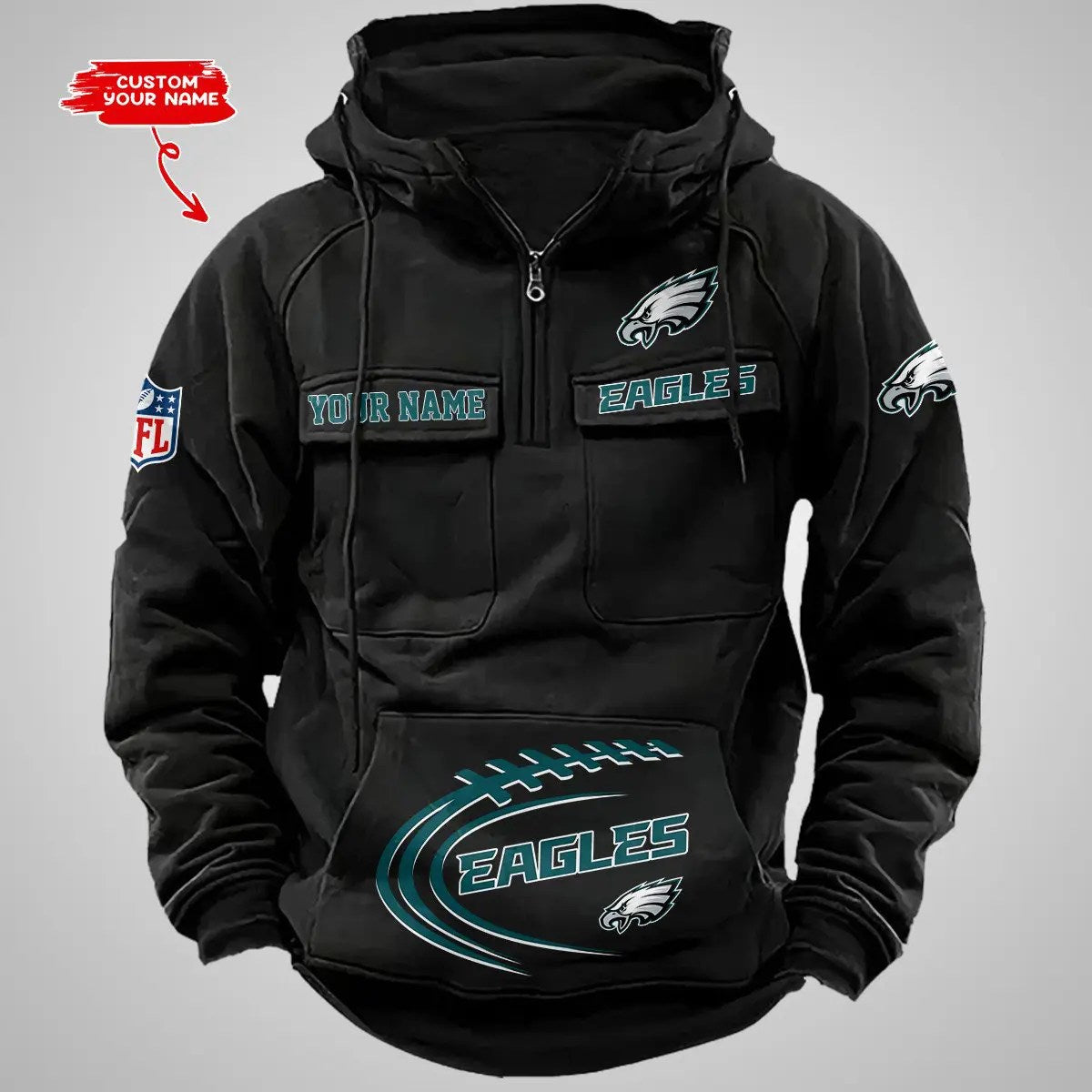Philadelphia Eagles New Personalized Multi-Pockets Zip Hoodie AZBTMZHD000105