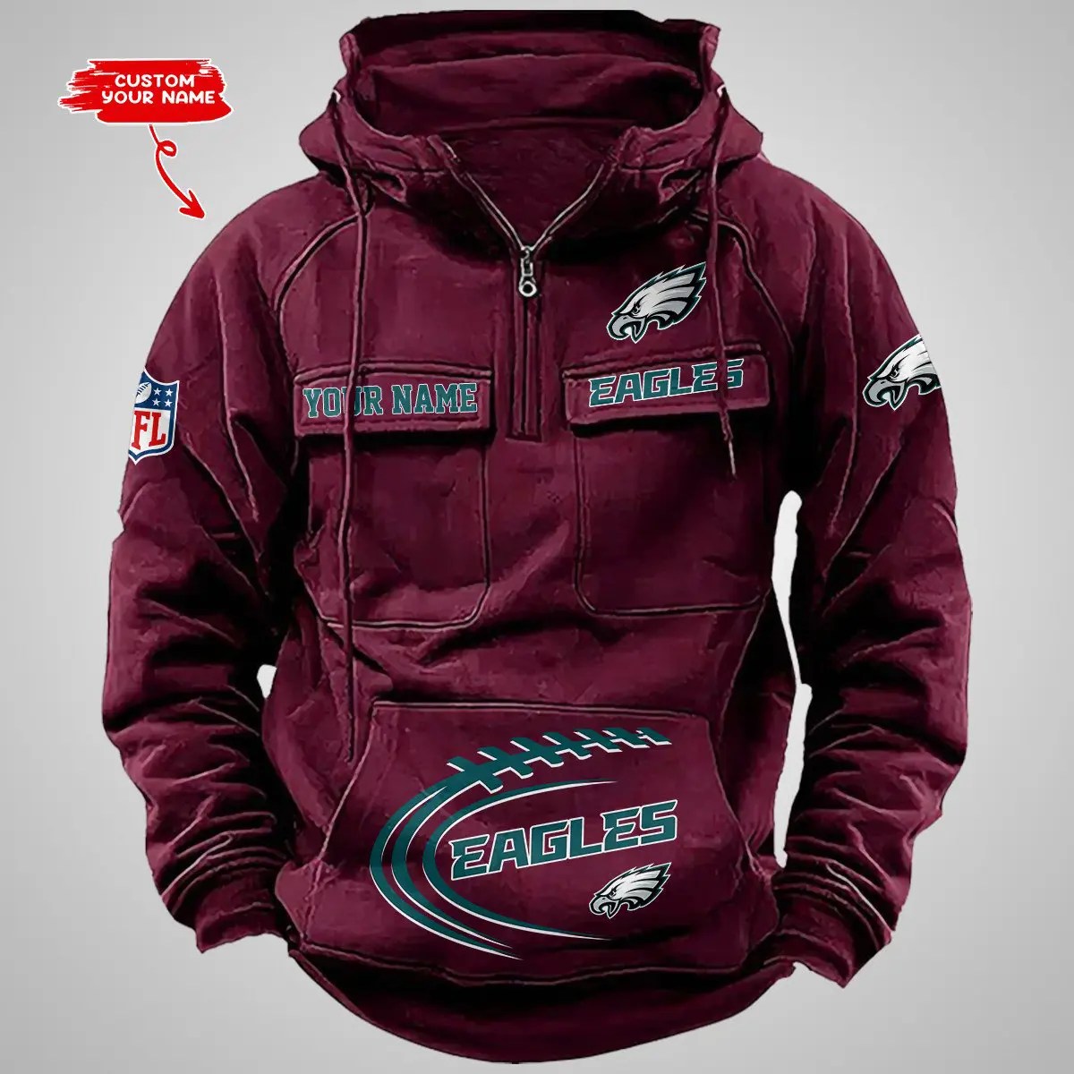 Philadelphia Eagles New Personalized Multi-Pockets Zip Hoodie AZBTMZHD000105