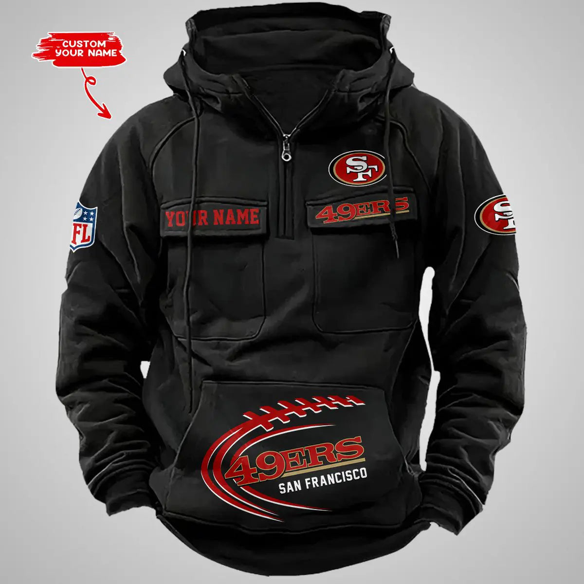 San Francisco 49ers New Personalized Multi-Pockets Zip Hoodie AZBTMZHD000061