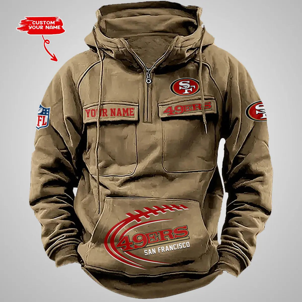 San Francisco 49ers New Personalized Multi-Pockets Zip Hoodie AZBTMZHD000061