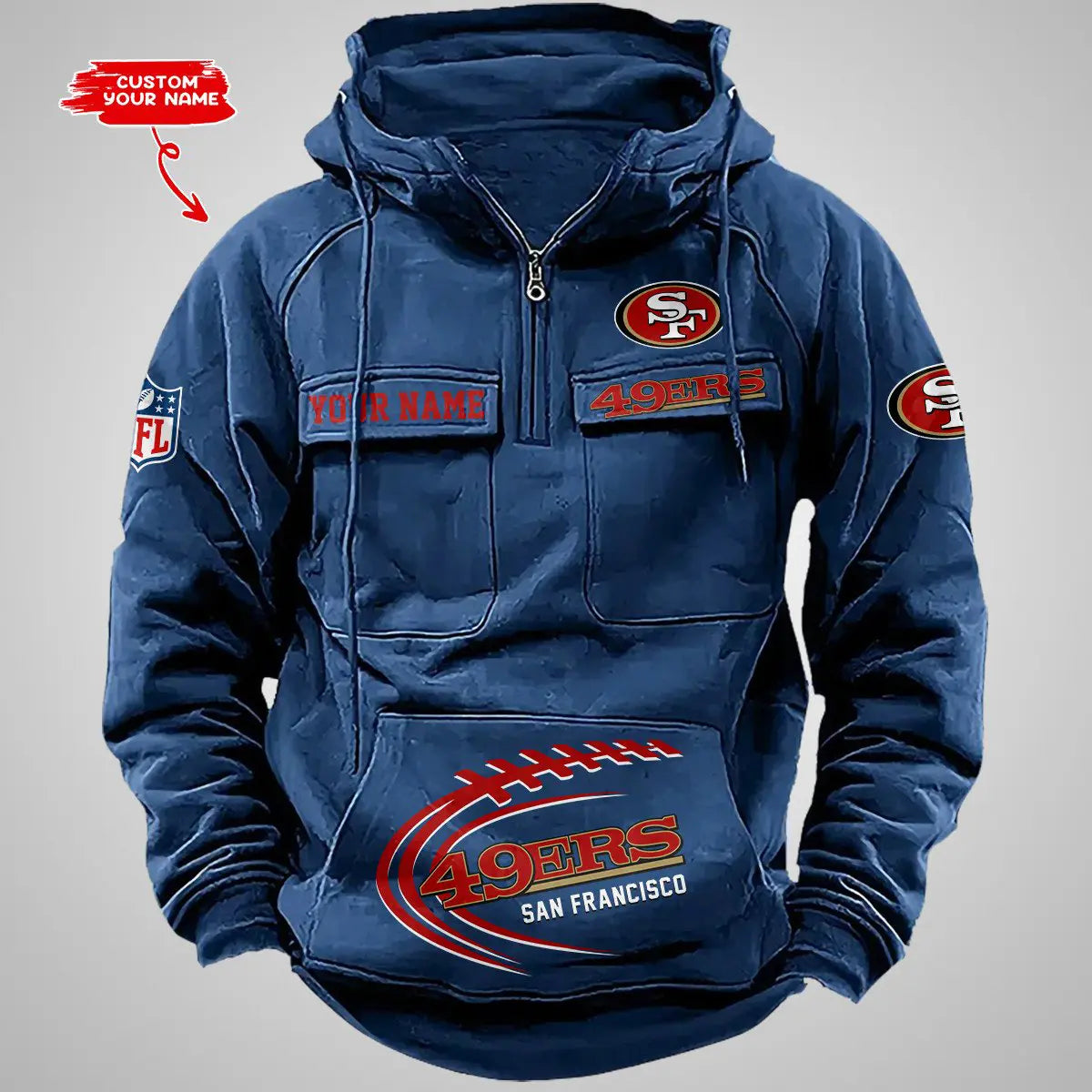 San Francisco 49ers New Personalized Multi-Pockets Zip Hoodie AZBTMZHD000061