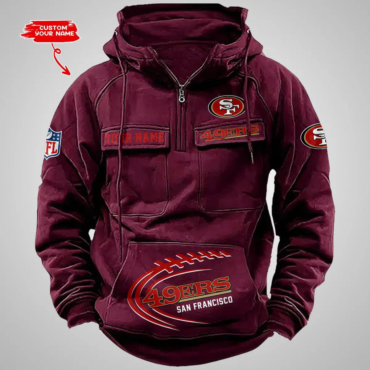 San Francisco 49ers New Personalized Multi-Pockets Zip Hoodie AZBTMZHD000061