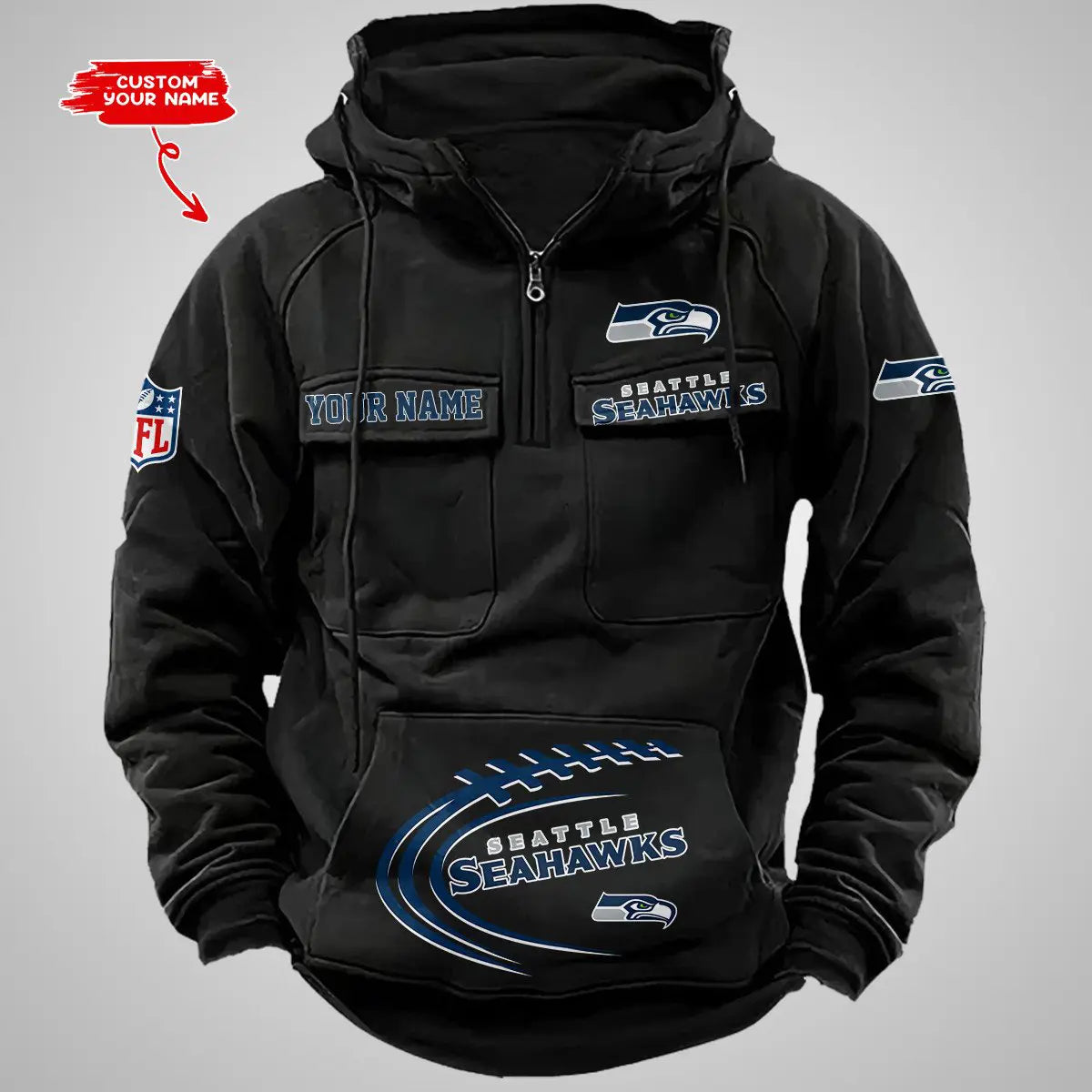 Seattle Seahawks New Personalized Multi-Pockets Zip Hoodie AZBTMZHD000062