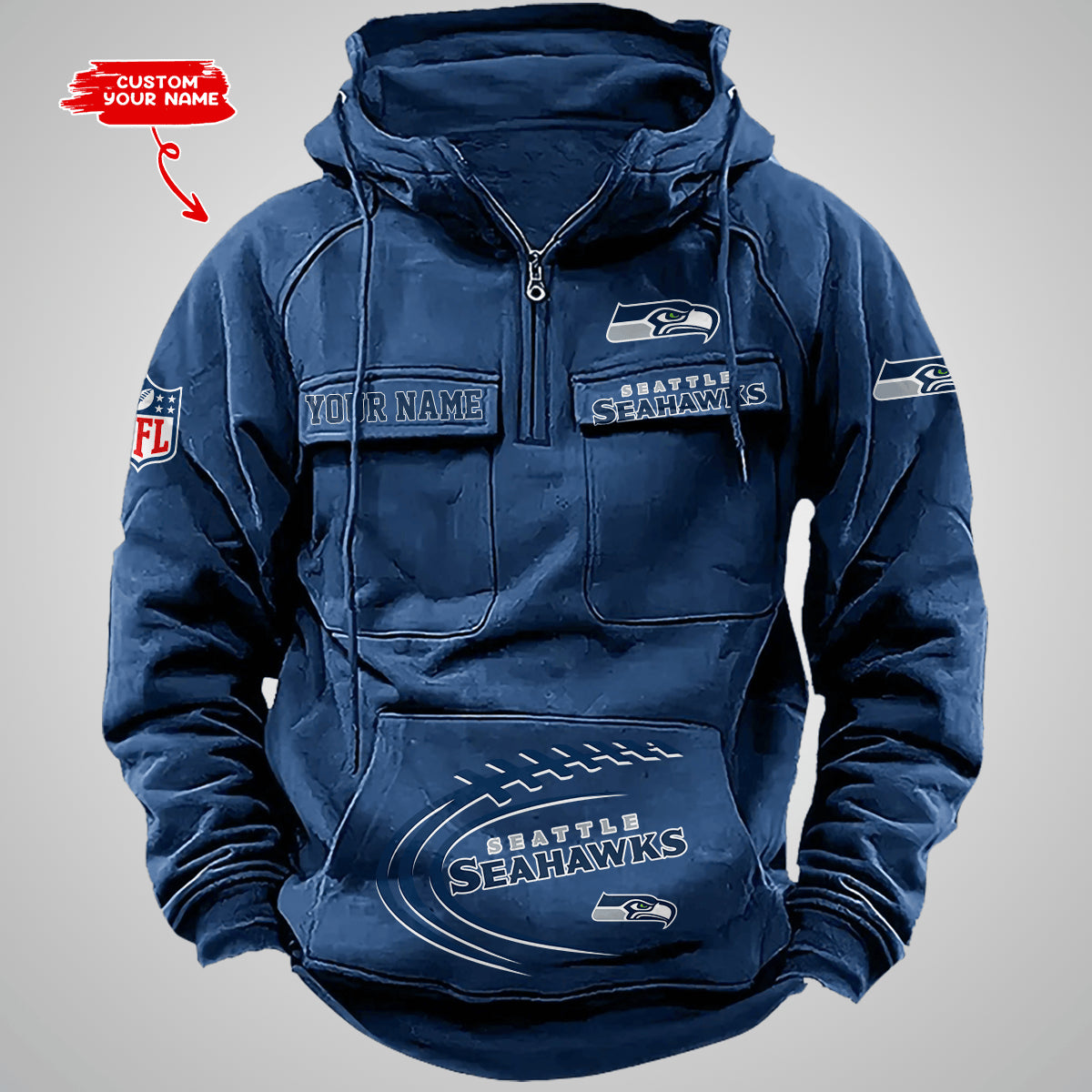 Seattle Seahawks New Personalized Multi-Pockets Zip Hoodie AZBTMZHD000062