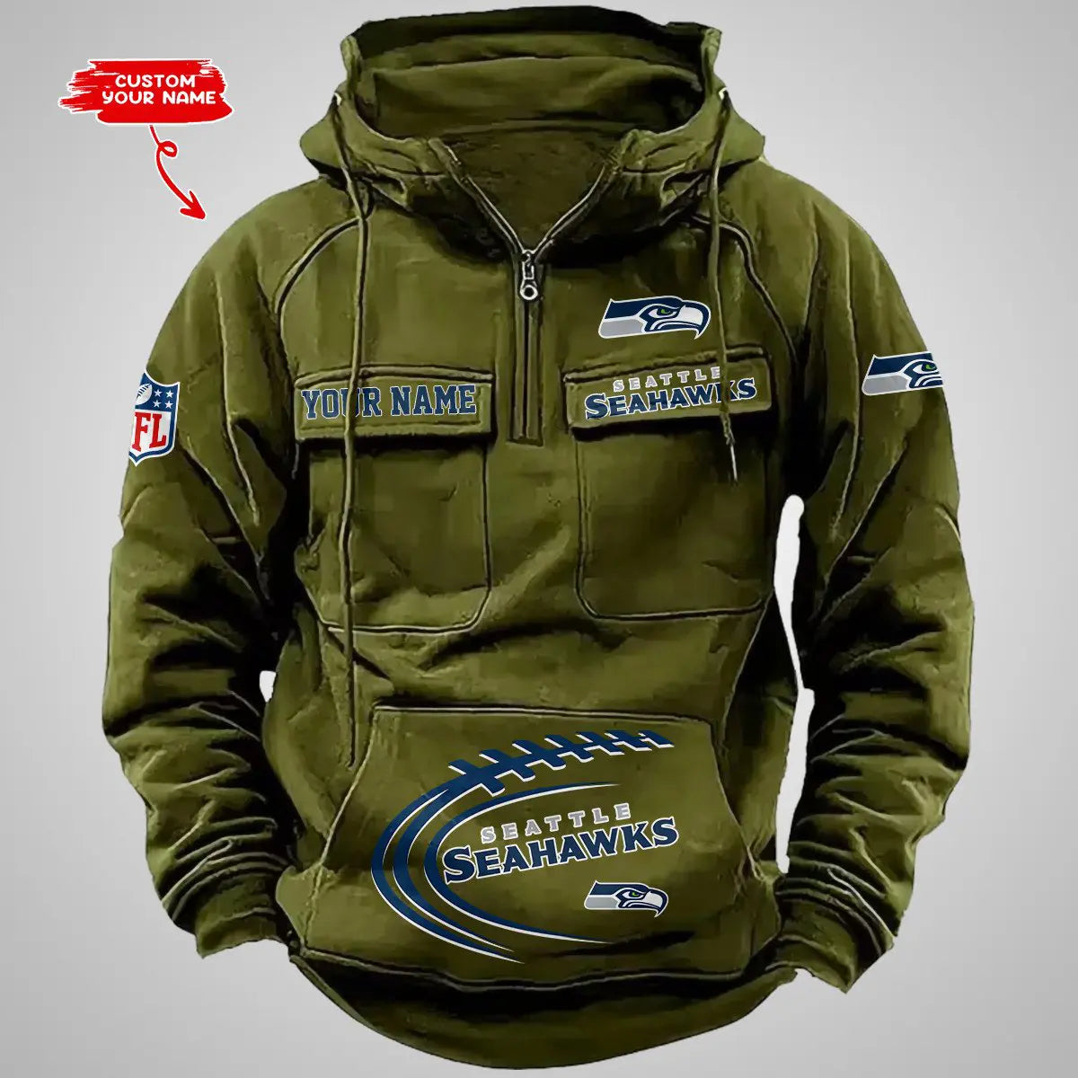 Seattle Seahawks New Personalized Multi-Pockets Zip Hoodie AZBTMZHD000062