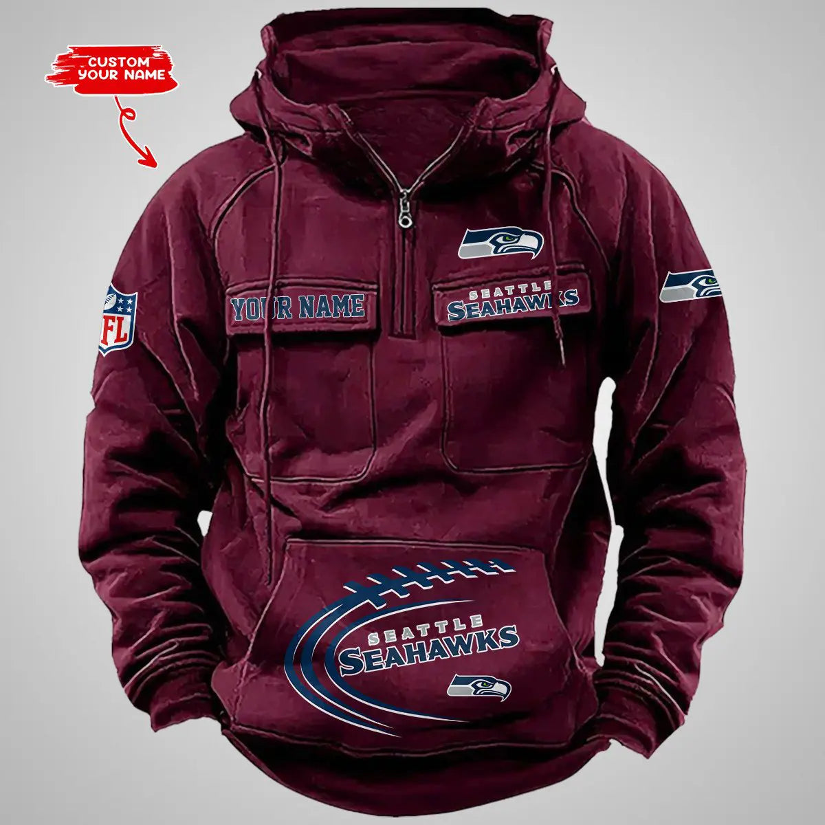 Seattle Seahawks New Personalized Multi-Pockets Zip Hoodie AZBTMZHD000062