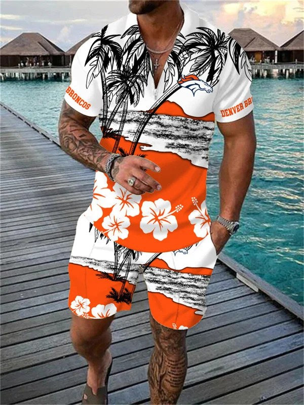 Denver Broncos Zip Polo Shirt And Shorts Men AZPLZ199
