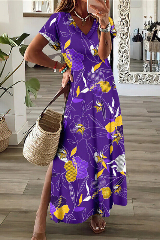 Minnesota Vikings V-Neck Side Slit Long Dress AZBTVSD000476