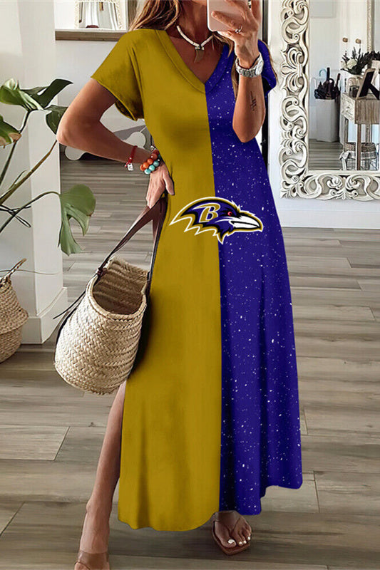Baltimore Ravens V-Neck Side Slit Long Dress AZBTVSD000237