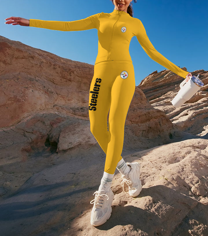 Pittsburgh Steelers 2 Piece Workout  Sets :Sculpt High Waist Gym Leggings & long Sleeve Sports Top (1)