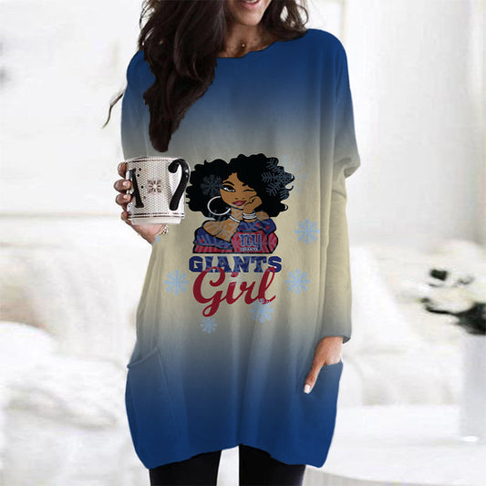New York Giants Casual Long Sleeve Pocket Dress AZBTLSPD000039