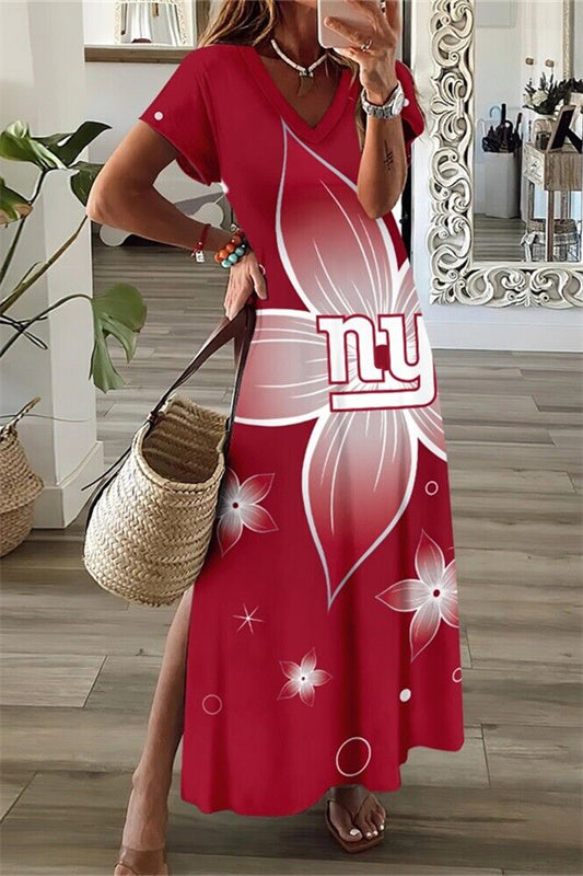 New York Giants V-Neck Side Slit Long Dress AZBTVSD000205