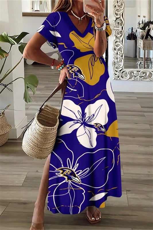 Baltimore Ravens V-Neck Side Slit Long Dress AZBTVSD000222
