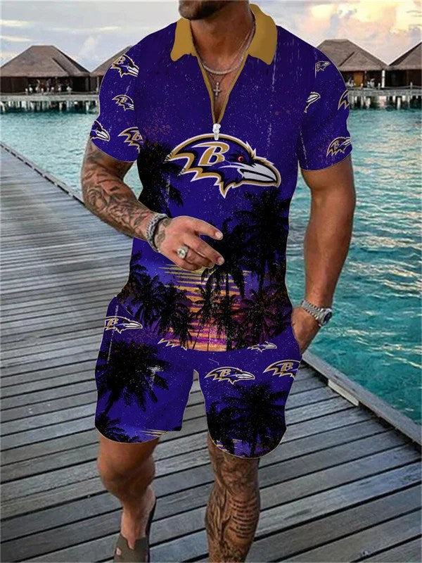 Baltimore Ravens Zip Polo Shirt And Shorts Men AZPLZ186