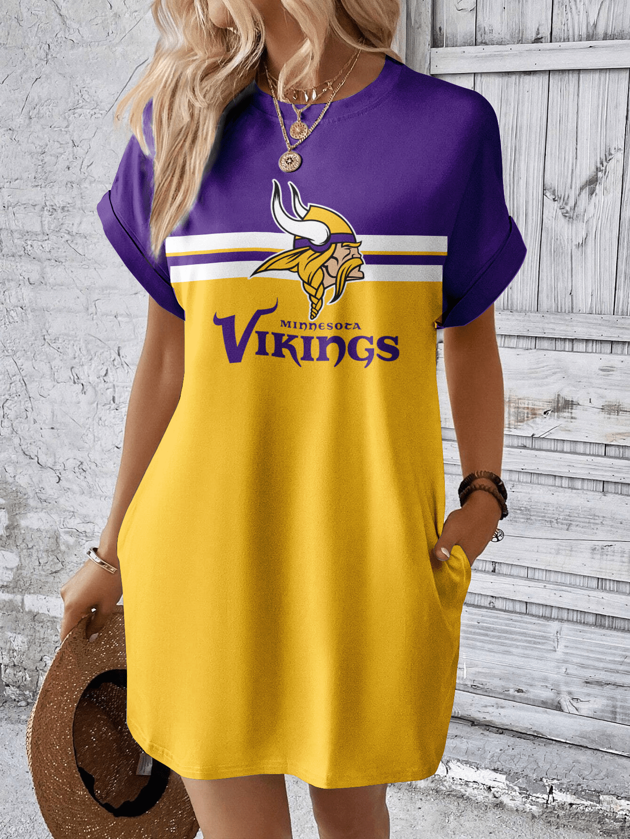 Minnesota Vikings Women Hidden Pocket Batwing Casual Dress AZDDBWCD000028