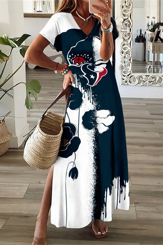 Houston Texans V-Neck Side Slit Long Dress AZBTVSD000466
