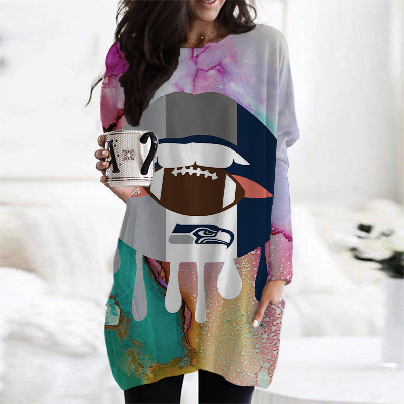 Seattle Seahawks Casual Long Sleeve Pocket Dress AZBTLSPD000024