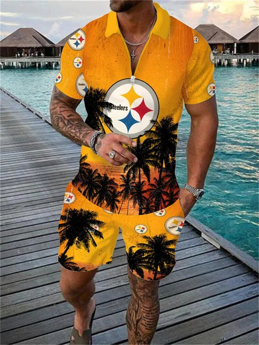 Pittsburgh Steelers Zip Polo Shirt And Shorts Men AZPLZ109