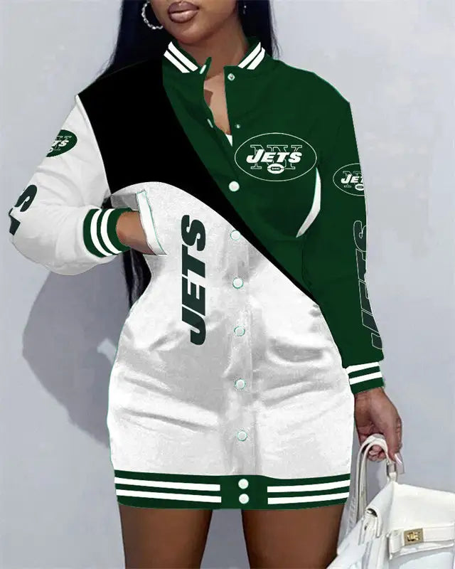 New York Jets Women Button Down Jacket Dress AZBTBDJD000111