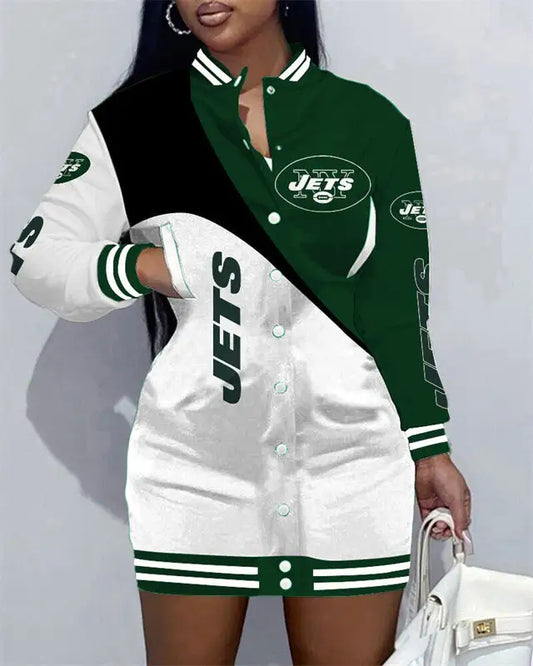 New York Jets Women Button Down Jacket Dress AZBTBDJD000111