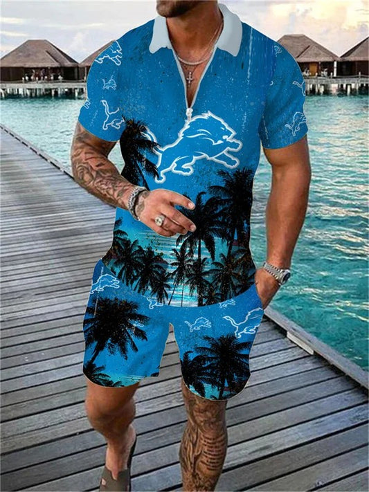 Detroit Lions Zip Polo Shirt And Shorts Men AZPLZ206