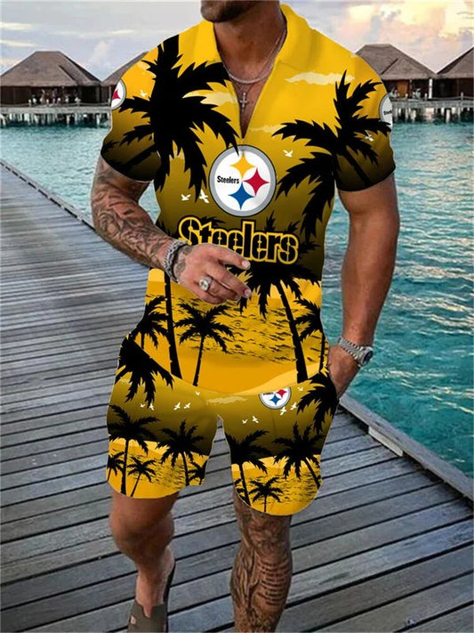 Pittsburgh Steelers Zip Polo Shirt And Shorts Men AZPLZ108