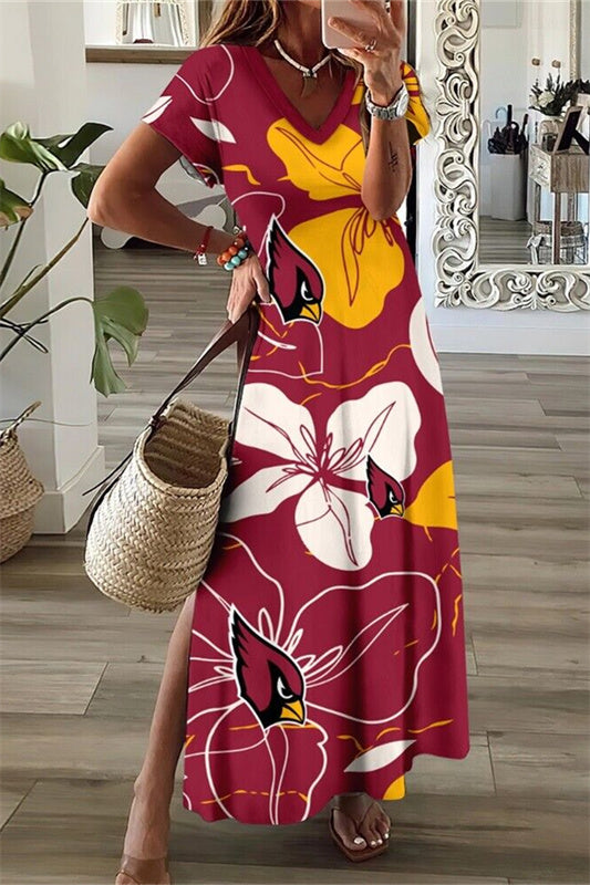 Arizona Cardinals V-Neck Side Slit Long Dress AZBTVSD000374