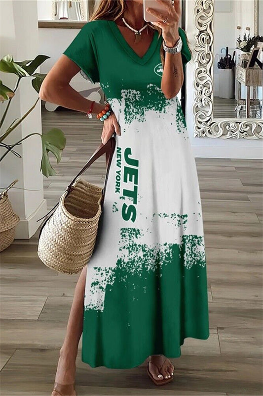 New York Jets V-Neck Side Slit Long Dress AZBTVSD000409