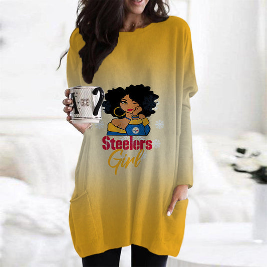 Pittsburgh Steelers Casual Long Sleeve Pocket Dress AZBTLSPD000038