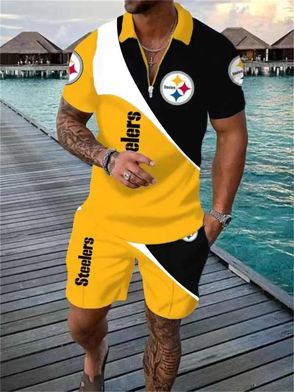 Pittsburgh Steelers Zip Polo Shirt And Shorts Men AZPLZ002