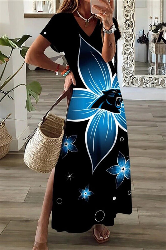 Carolina Panthers V-Neck Side Slit Long Dress AZBTVSD000492