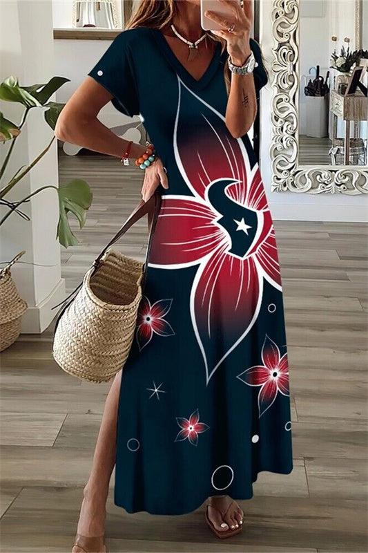 Houston Texans V-Neck Side Slit Long Dress AZBTVSD000262