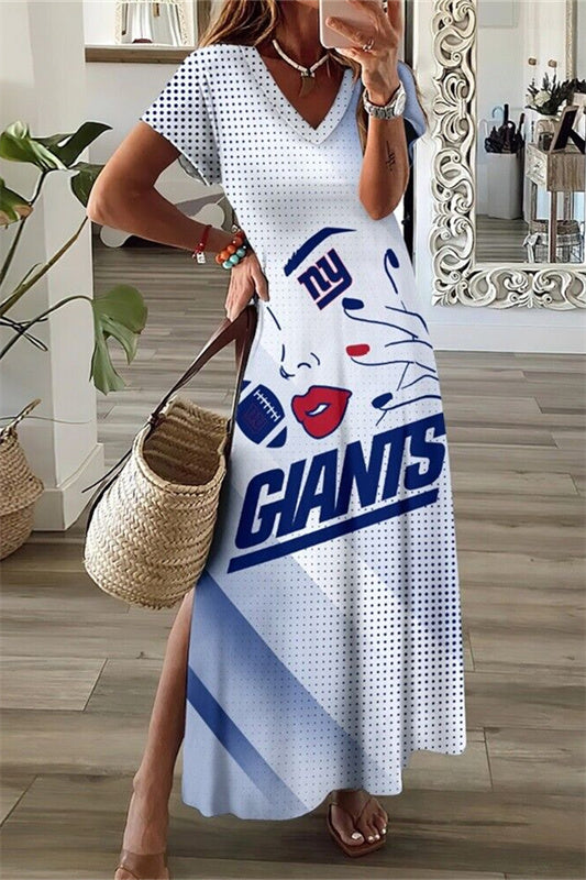New York Giants V-Neck Side Slit Long Dress AZBTVSD000200