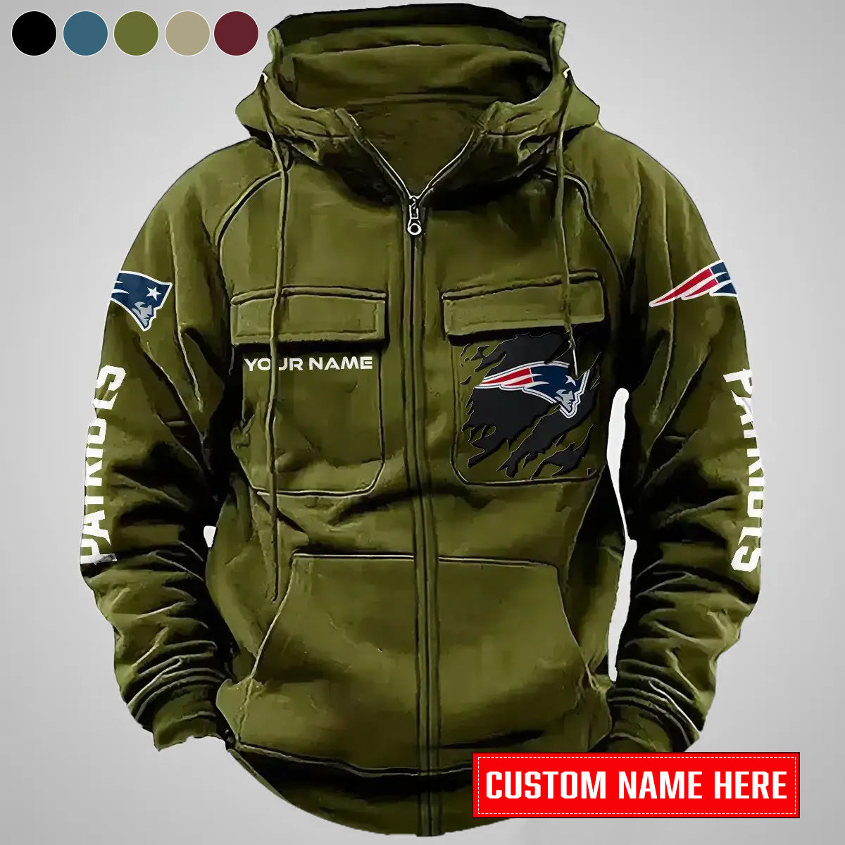 New England Patriots New Personalized Multi-Pockets Zip-Up Hoodie AZBTMZUHD000014