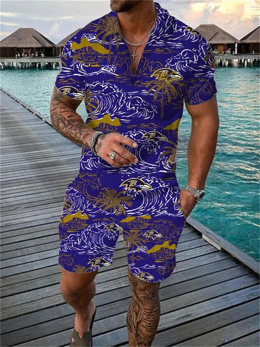 Baltimore Ravens Zip Polo Shirt And Shorts Men AZPLZ182
