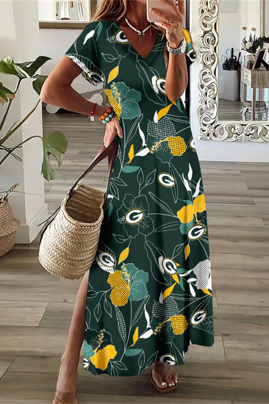Green Bay Packers V-Neck Side Slit Long Dress AZBTVSD000468