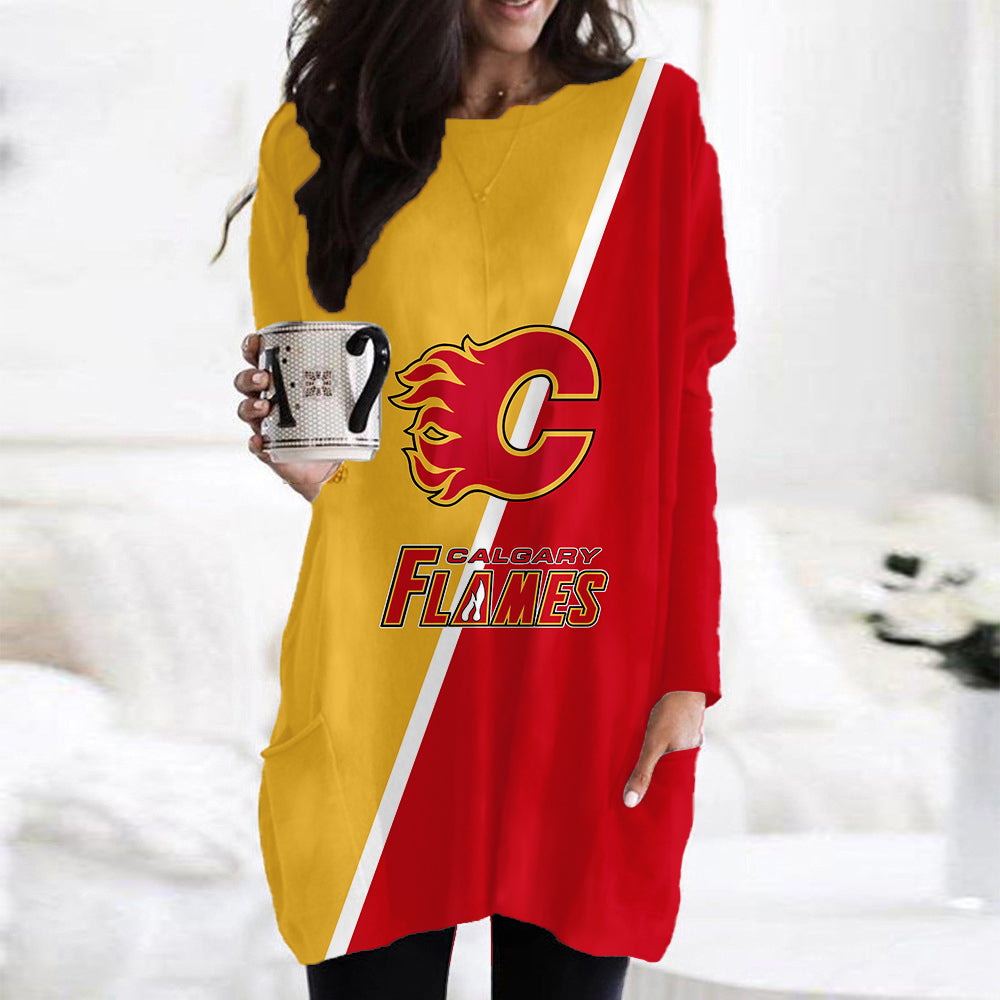 Calgary Flames Casual Long Sleeve Pocket Dress AZBTLSPD000069