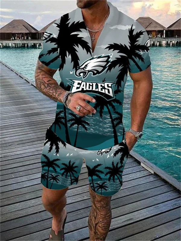 Philadelphia Eagles Zip Polo Shirt And Shorts Men AZPLZ093