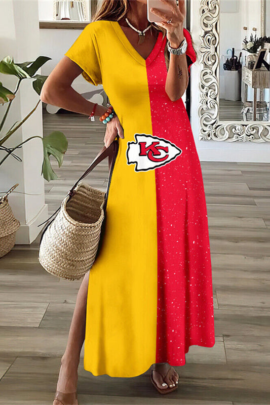 Kansas City Chiefs V-Neck Side Slit Long Dress AZBTVSD000151
