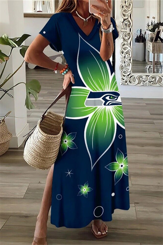 Seattle Seahawks V-Neck Side Slit Long Dress AZBTVSD000221