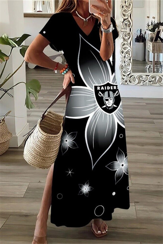Las Vegas Raiders V-Neck Side Slit Long Dress AZBTVSD000323