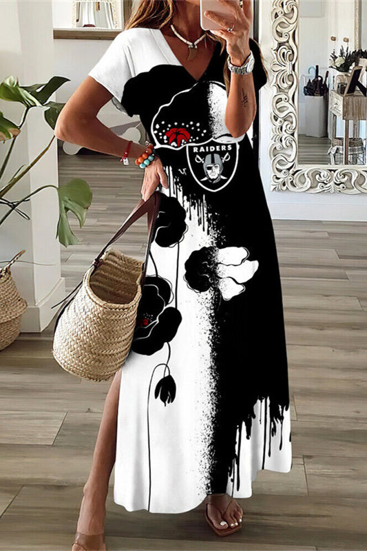 Las Vegas Raiders V-Neck Side Slit Long Dress AZBTVSD000322
