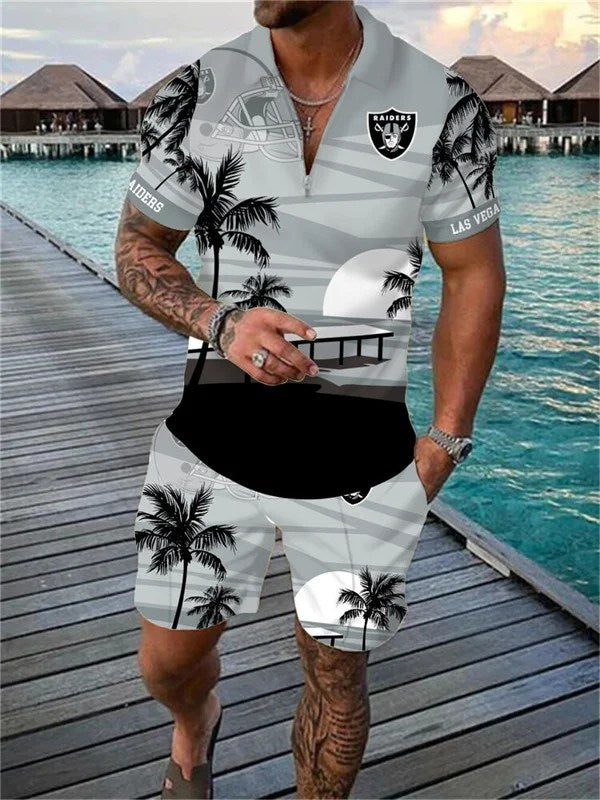 Las Vegas Raiders Zip Polo Shirt And Shorts Men AZPLZ135