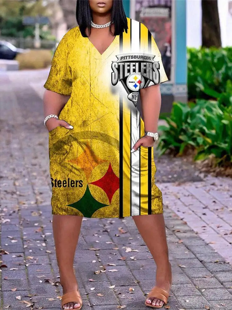 Pittsburgh Steelers V-neck Casual Pocket Dress Limited Edition AZBTVCPD000107