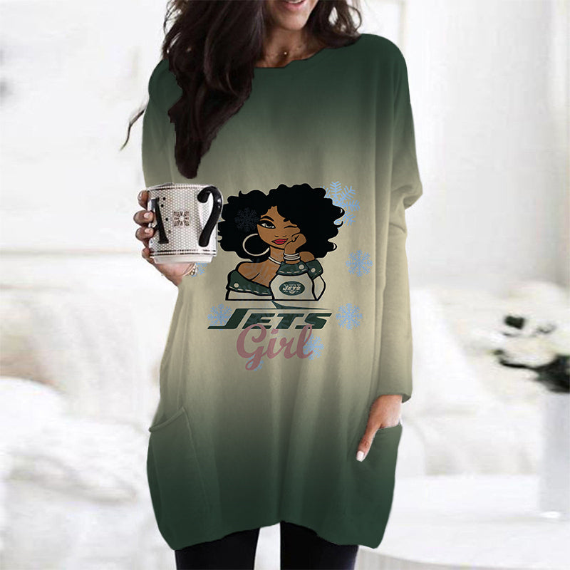 New York Jets Casual Long Sleeve Pocket Dress AZBTLSPD000033