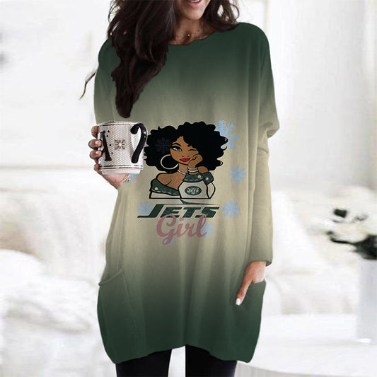 New York Jets Casual Long Sleeve Pocket Dress AZBTLSPD000033