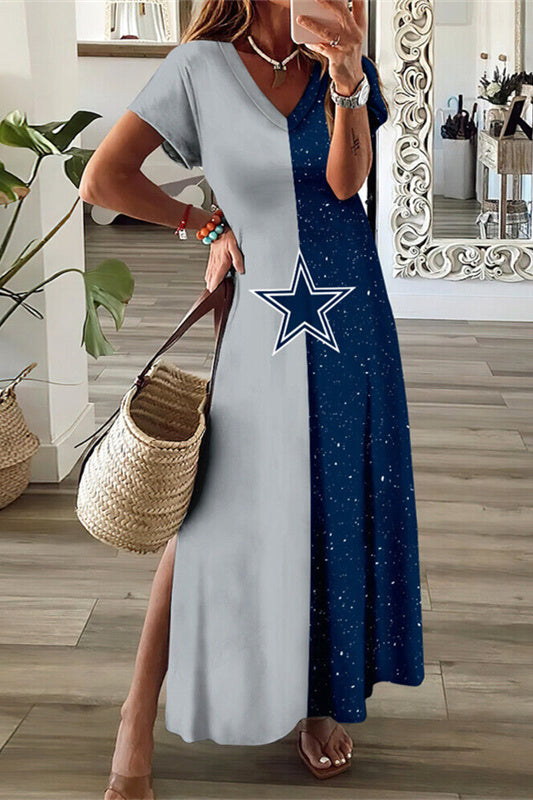 Dallas Cowboys V-Neck Side Slit Long Dress AZBTVSD000435