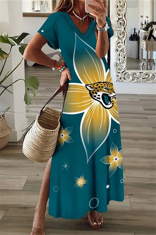 Jacksonville Jaguars V-Neck Side Slit Long Dress AZBTVSD000171
